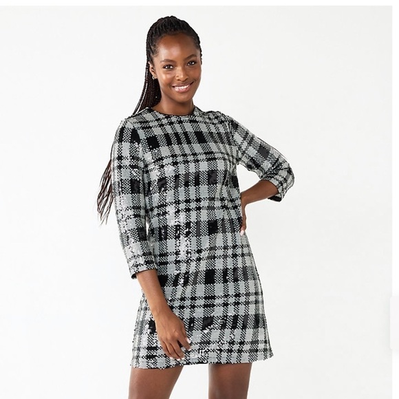 Draper James Dresses & Skirts - Draper James Size 8 Three Quarter Sleeve Sequins Sheath Dress Black White Plaid